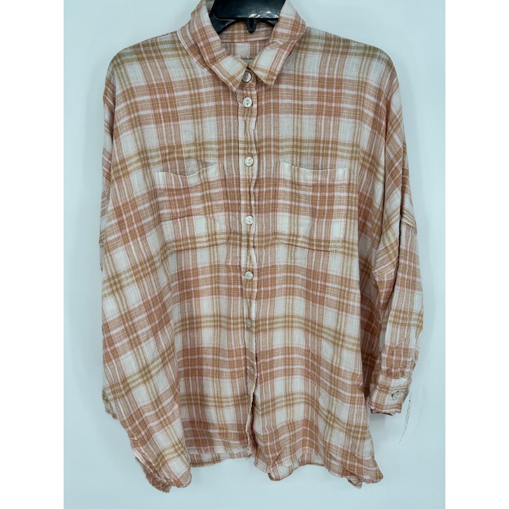 American Eagle Womens XS Linen Blend Plaid Button Down Shirt Pink Tan Oversized